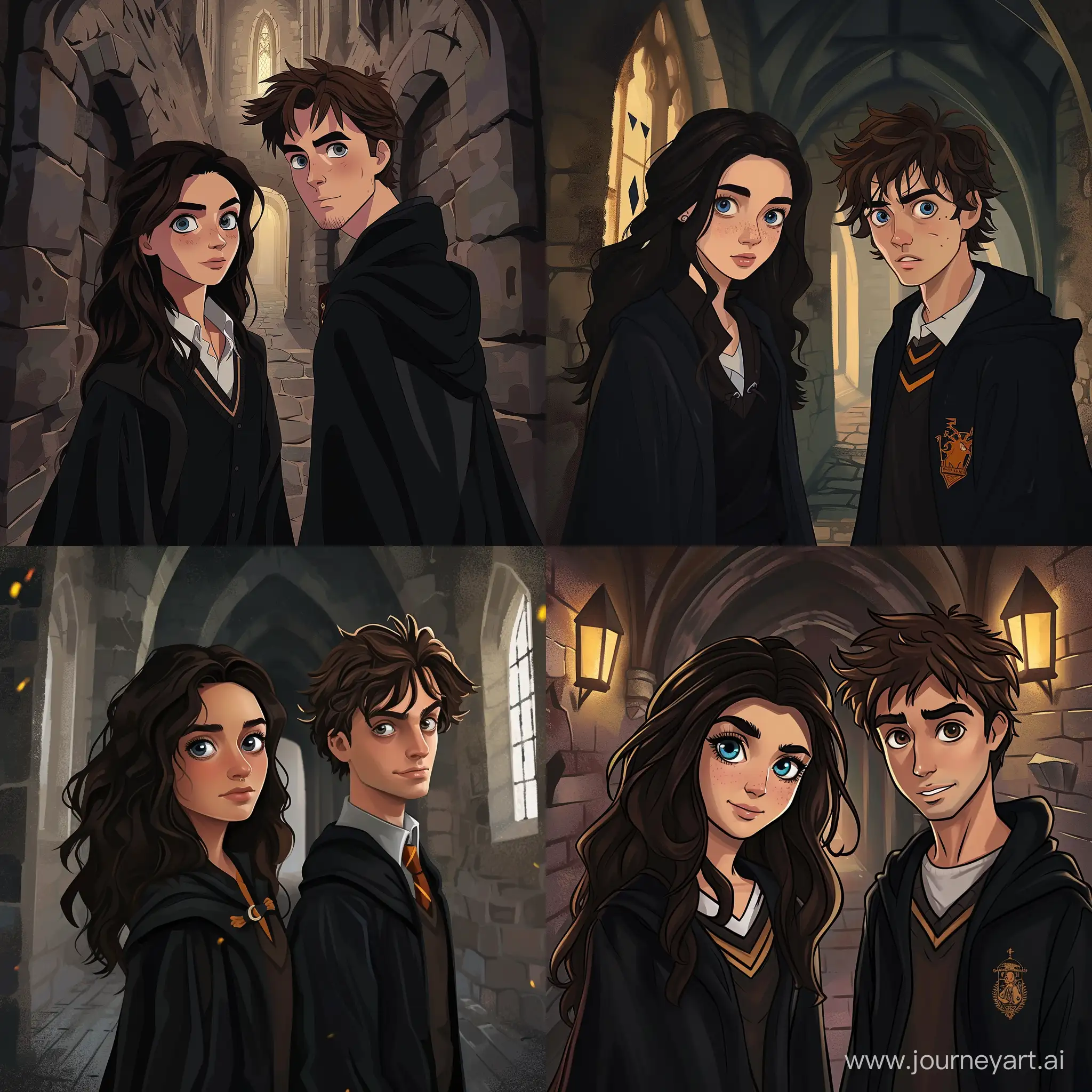Friends, Hogwarts, Ravenclaw, teenagers, 14 years old, beautiful girl, dark brown hair, blue eyes, black robe, guy with disheveled straw-colored hair and brown eyes, black robe, castle corridor, full height, high quality, high detail, cartoon art