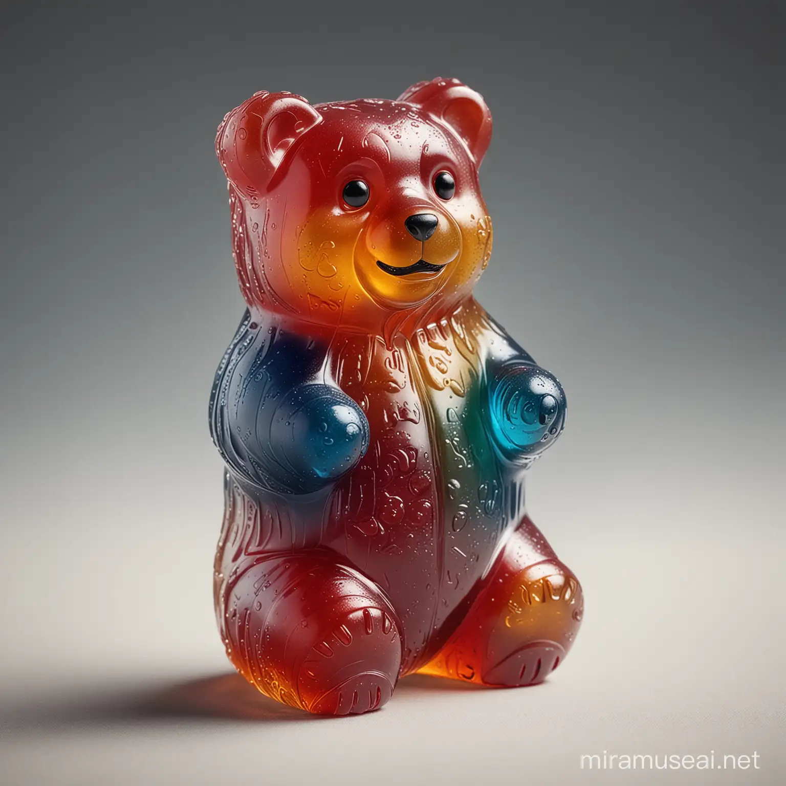 hyper-realistic, detailed image of a colourful gummy bear. cinematic and dramatic pose.


