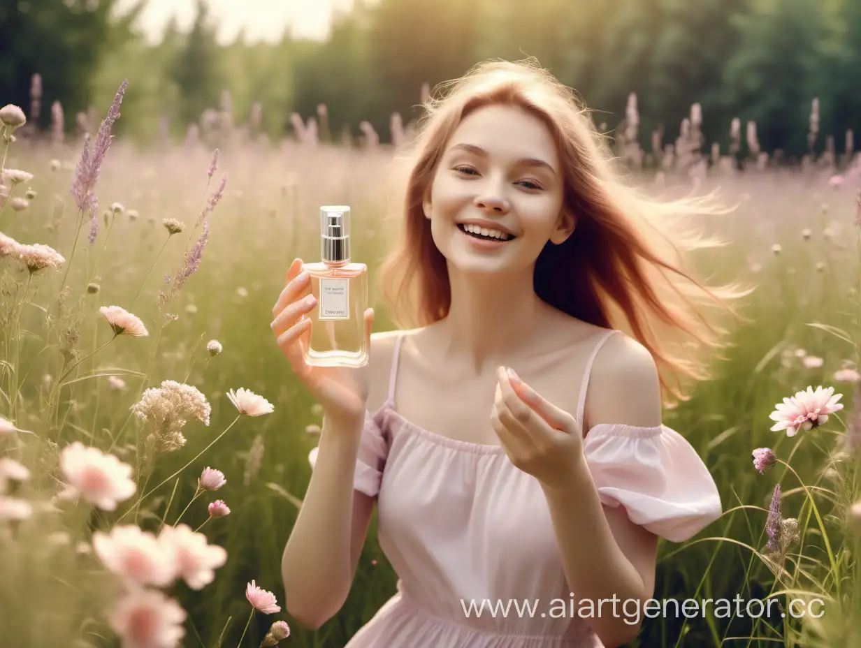 счастливая девушка распыляет духи на фоне луговой травы, много высоких цветов. Свтлое реалистичное фото в пастельных тонах