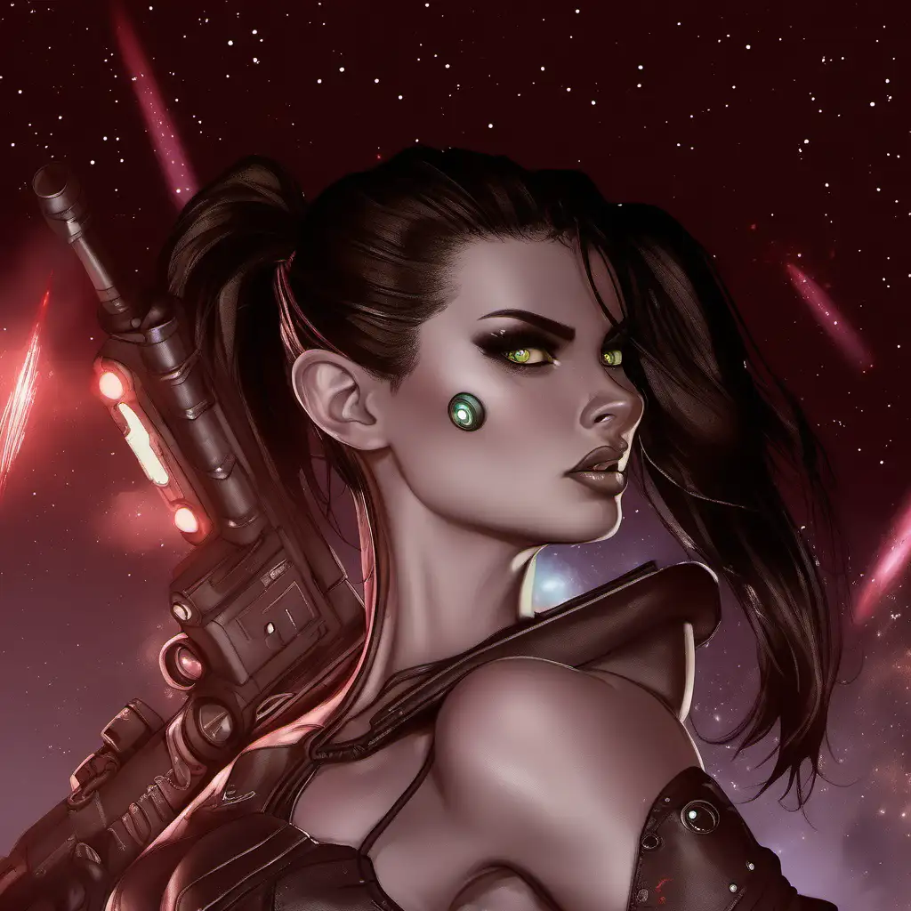 sexy, space warrior, guns, laser eyes. leather, pony tail