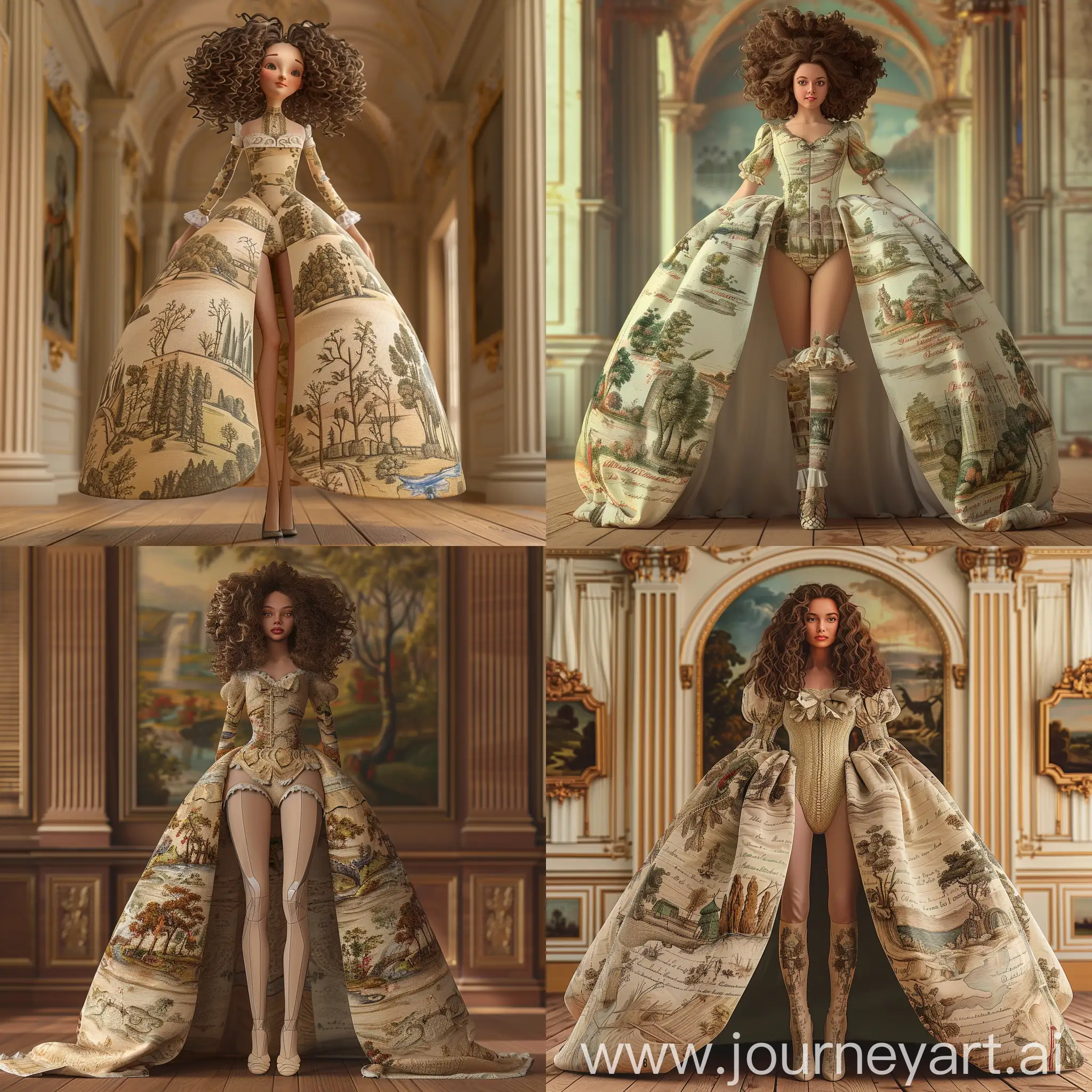 a very beautiful girl ((solo)) with brown curly hair, a face and a figure like Abigail Ratchford !!!!!!!!!!! She is wearing a beige grand panier dress with wide legs and a pattern!!!!!!!!!mid-18th century, from the collection of the Victoria and Albert Museum. she stands tall against the background of the room, a very large detailed drawing in the form of a colorful forest with many trees and rivers is visible on a wide dress!!!!!!!!!! the most bulky dress, princess, beautiful digital images, beautiful woman, beautiful woman, gorgeous and sweet, gorgeous, beautiful women, beauty, beautiful majestic digital art, queen, beautiful digital art, elegant digital painting, elegant digital art, perfect body, !front light, ((masterpiece)), ((best quality)), high detail, highest detail, ah, high detail, bright colors, HDR shooting, photorealistic, surrealism, ultra hd, realistic, vivid colors, highly detailed, UHD drawing, pen and ink, perfect composition, beautiful detailed intricate insanely detailed octane render trending on artstation, 8k artistic photography, photorealistic concept art, soft natural volumetric cinematic perfect light