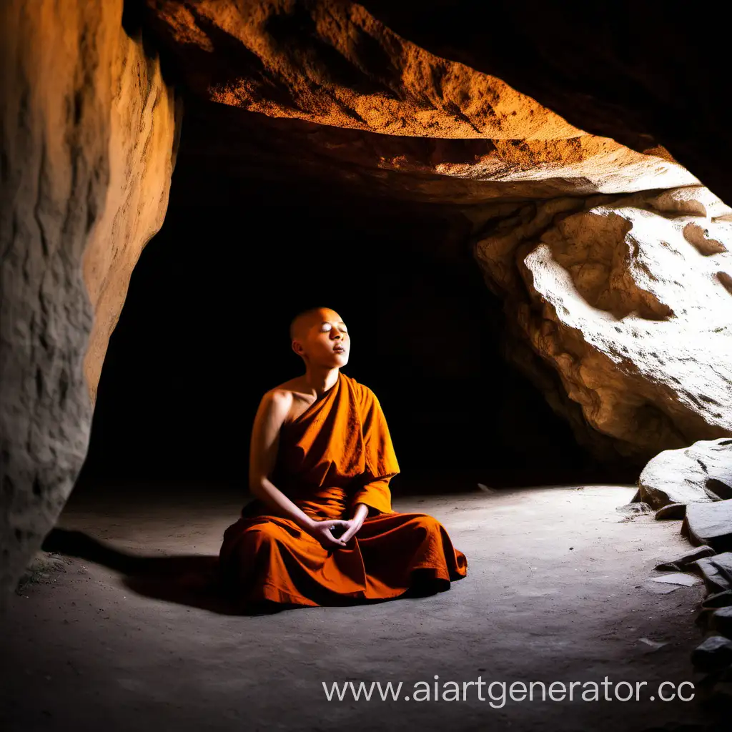 A female monk waking up in a cave after meditation