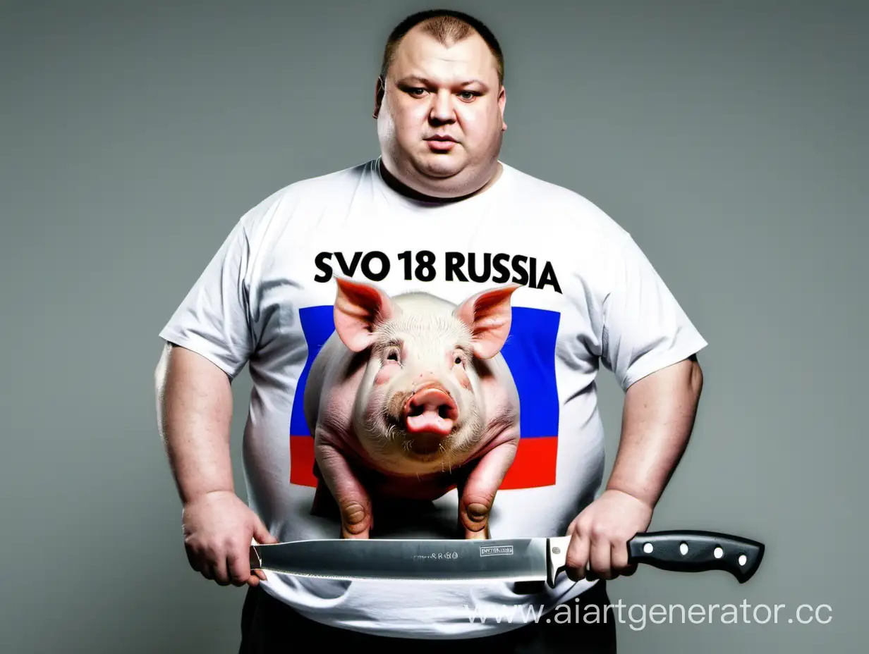 Жирный мужик в футболке с надписью "СВО 1488 РОССИЯ" убивает свинью ножом
