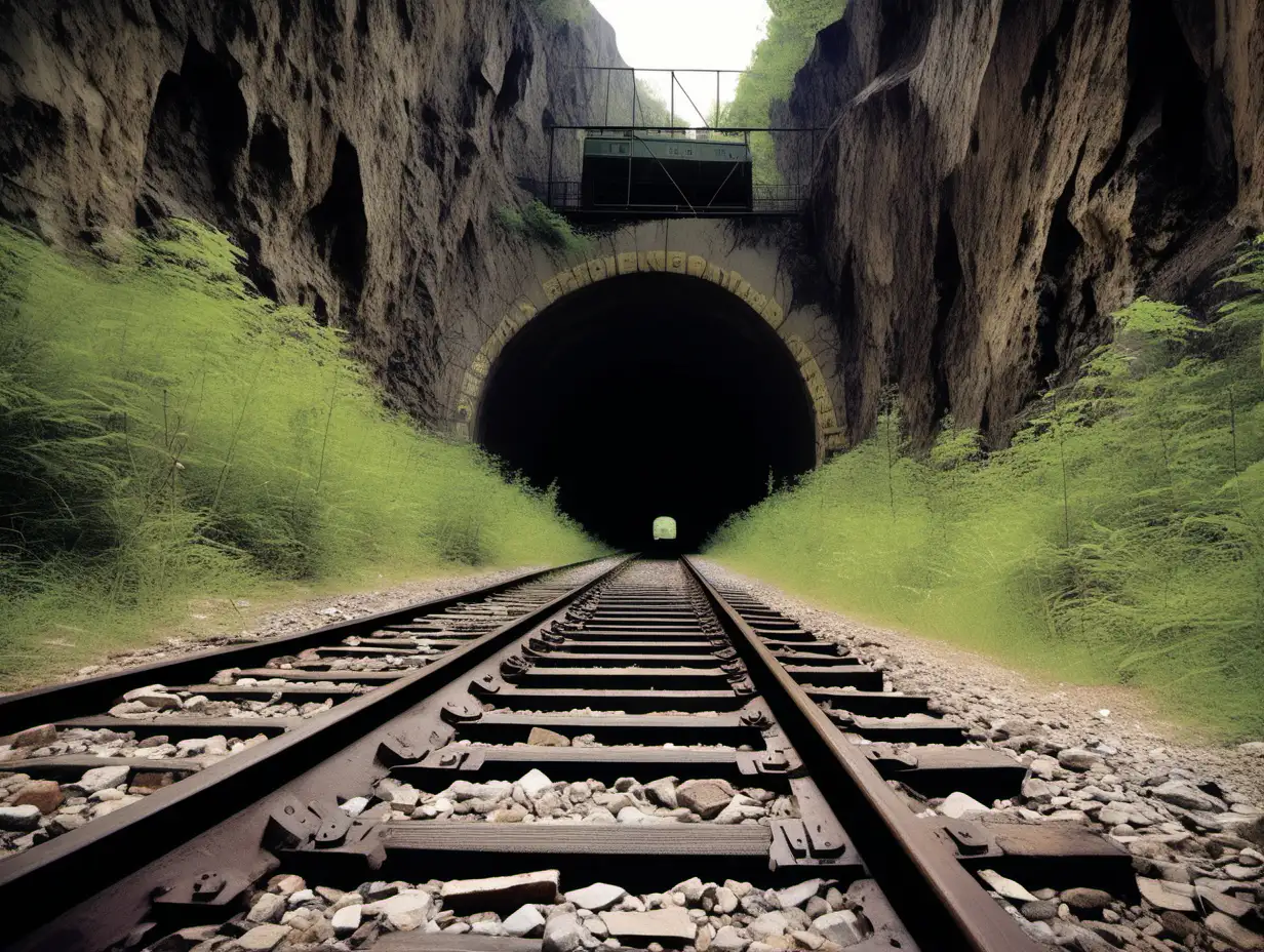 looking from a low perspective in front of an 1880s abandonded train tunnel carved out of a mountain, tracks running through the middle of the tunnel with the opening of the tunnel showing

