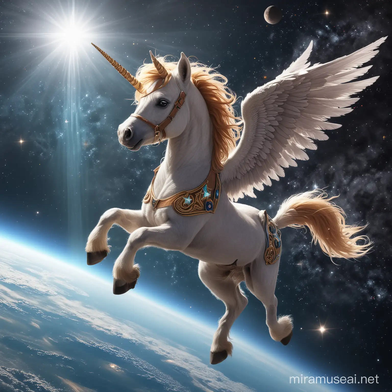 pony con cuerno y alas volando en el espacio