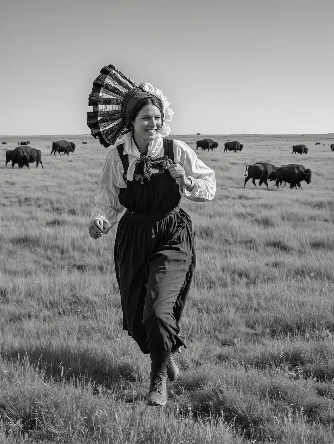 A woman runs through the prairie. She is seen from the side. She is a pioneer and wears a bonnet. here are buffalo in the background.  In black and white. 