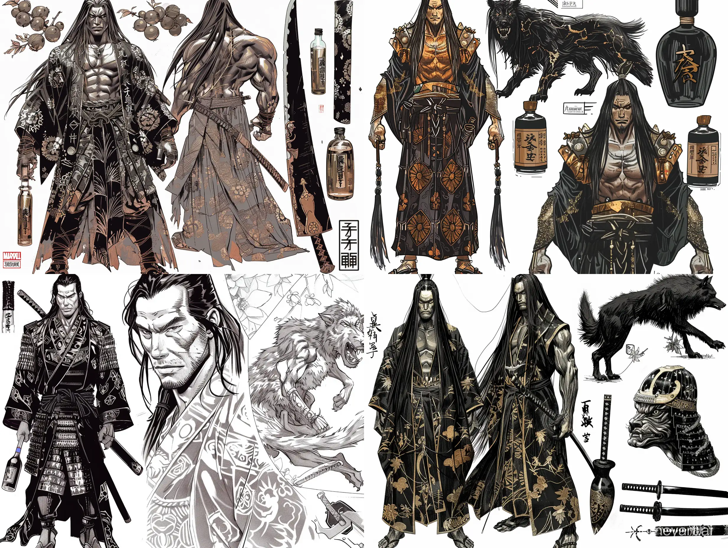Character design sheet A very Muscular strong looking asian man with glossy skin with long hair wearing long robes with intricate japanese designs ,5000px models, style of artist Hasegawa Settan , yakuza, with fully detailed faces, as a panel of a marvel comic, black wolf, mitsurugi, vagabond, by Sōami, a manga drawing, Subject wearing Black gilded full samurai armor a Black samurai helmet ,samurai leg armor and Arm armor, a giant sheathed katana on his back and sake bottle gourd accessories and a detailed display of a deadly giant katana sword accessory,