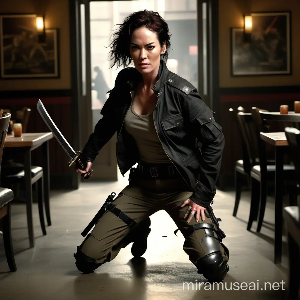 A realistic photo of Lena Headey as a mercenary, wearing khaki tactical cargo pants with knee pads tucked into knee-high black military boots, a black leather racer jacket with a shirt underneath. She's posing on her knees on the floor, knees spread wide, while pointing two guns at opponents in the middle of a gunfight set in a restaurant. She's also has a katana sword in its sheath on her back.