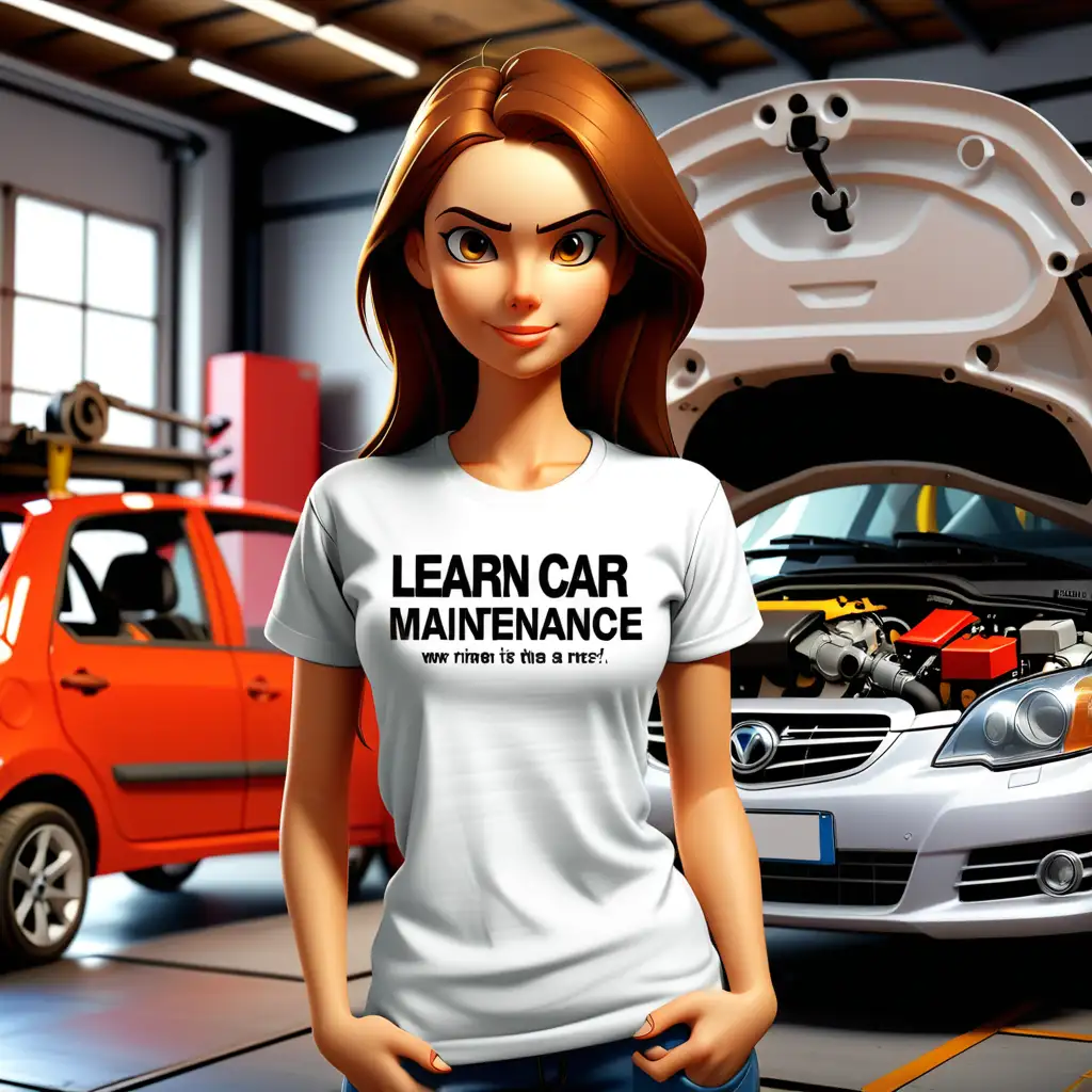 "Learn Car Maintenance", is the text written on the tee shirt of a female