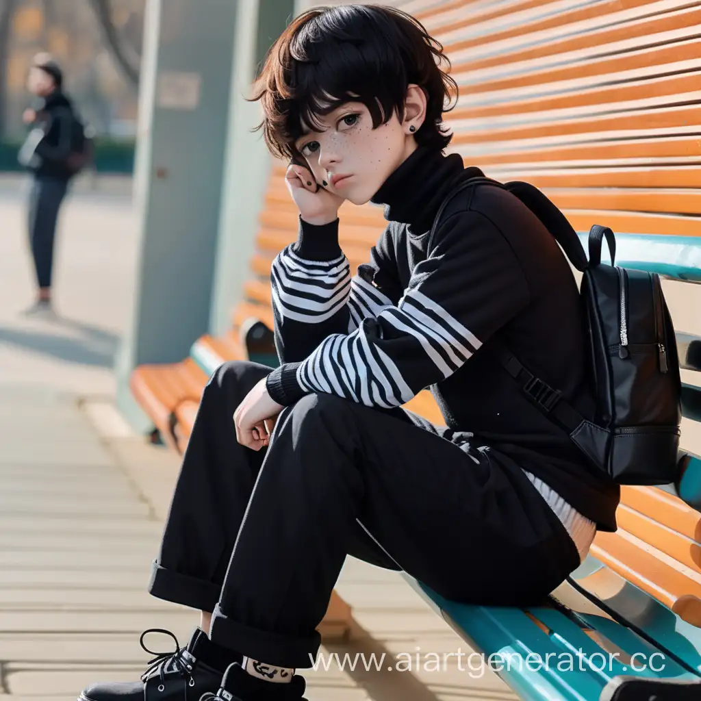 A short, timid, pale E-boy in a black turtleneck with striped sleeves, lonely and gloomy, a backpack on one shoulder, short black tousled hair, cute freckles, painted black nails, sitting on a bench