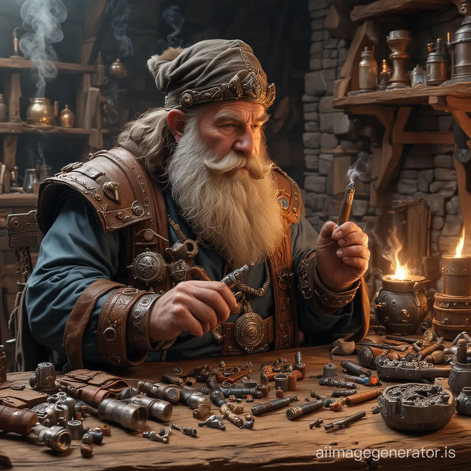 dwarven engineer examining his trinkets while smoking a fat cigar