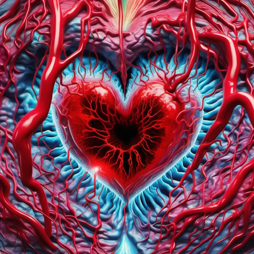 blood veins, brain, exploding of colors, psychology, neurology surreal, hallucinations, real life look, realistic look, everything is melting together, realistic look, holographic shapes are moving cross the room, hologram, an eye in the middle, a beautiful eye in the middle, ears in the background, a heart