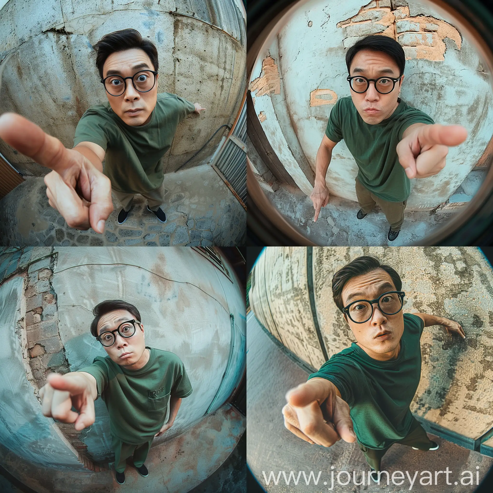 A 35-year-old Korean man with a slightly slim body, handsome face, straight hair, wearing black glasses, green t-shirt, and long pants, leaning against a wall with an expressive gesture of pointing forward with a sharp gaze, with a background of a wall, captured by a skilled photographer using a fish-eye camera, creating a hyper-realistic HD result. 