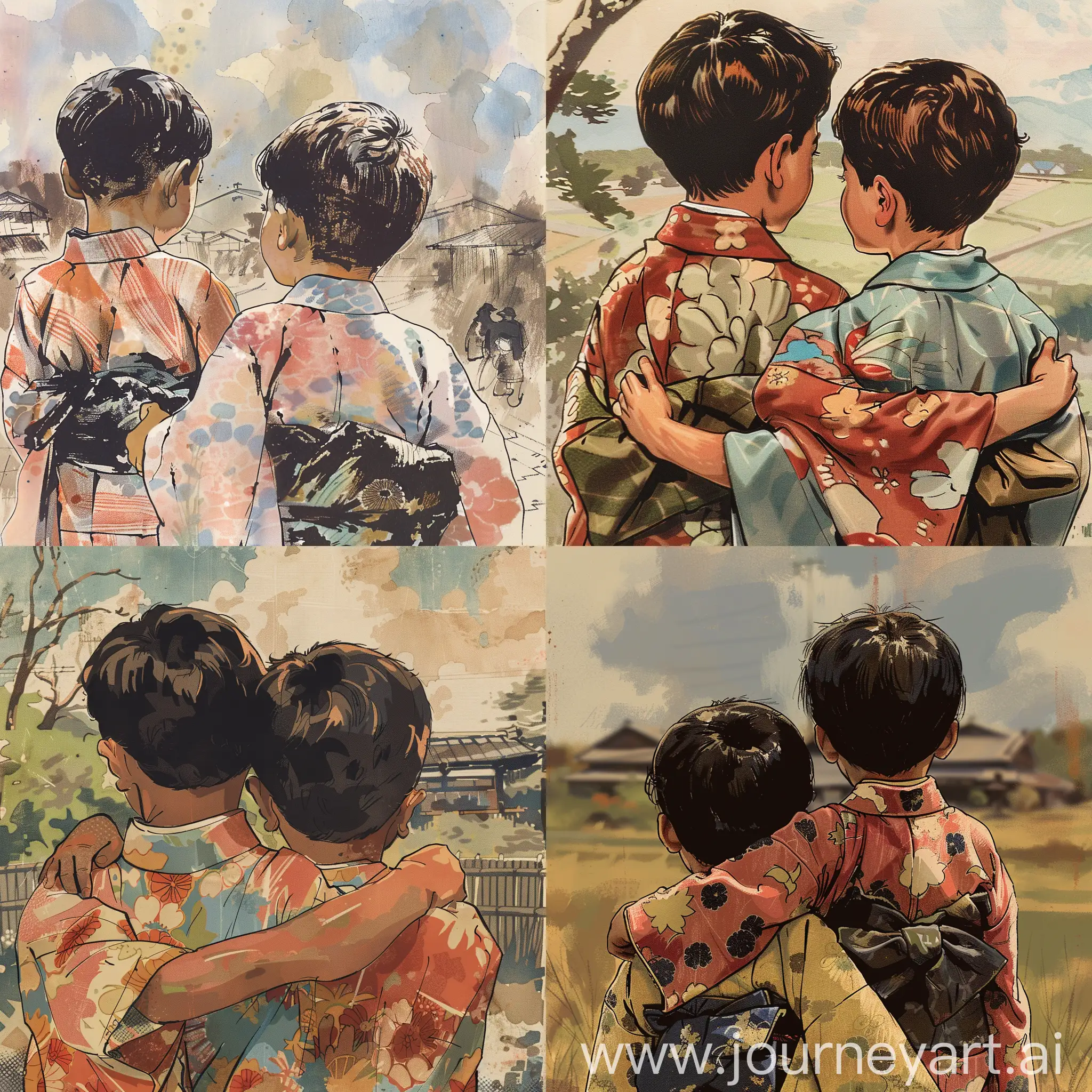 Two boys Japanese children wearing kimonos looking back ((with arms around each other's shoulders)) (close-up). Illustrated story Japan has a rich tradition of storytelling and whimsical illustrations. Create a collaborative story that incorporates elements of these artistic styles. A turbulent past and the tenacious spirit of the Japanese people. Patriotic Japan personified in a DVD still from 1930, ralph steadman style. background japan rural blur