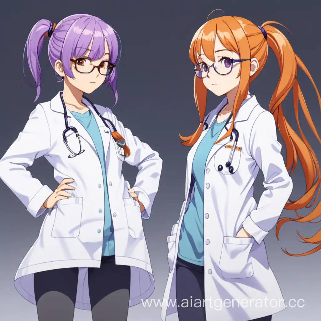 2 девушки в белых халатах просто стоят в полный рост одна с распкщеными оранжевыми волосами другая с фиолетовыми волосами собранными в хвост и очками 
В стиле аниме 