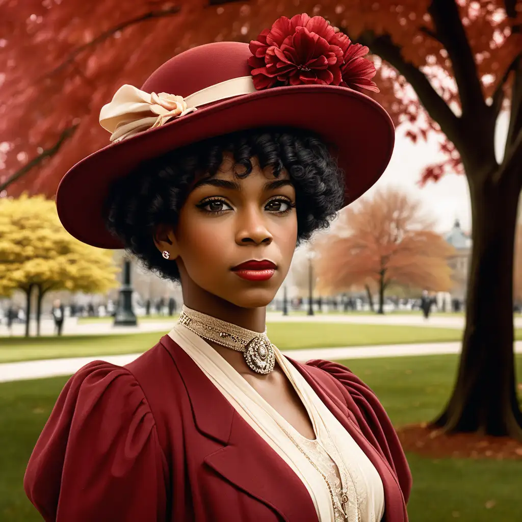create image of an elegant beautiful 
black woman from 1913 in front of a park. She is wearing crimson red and cream