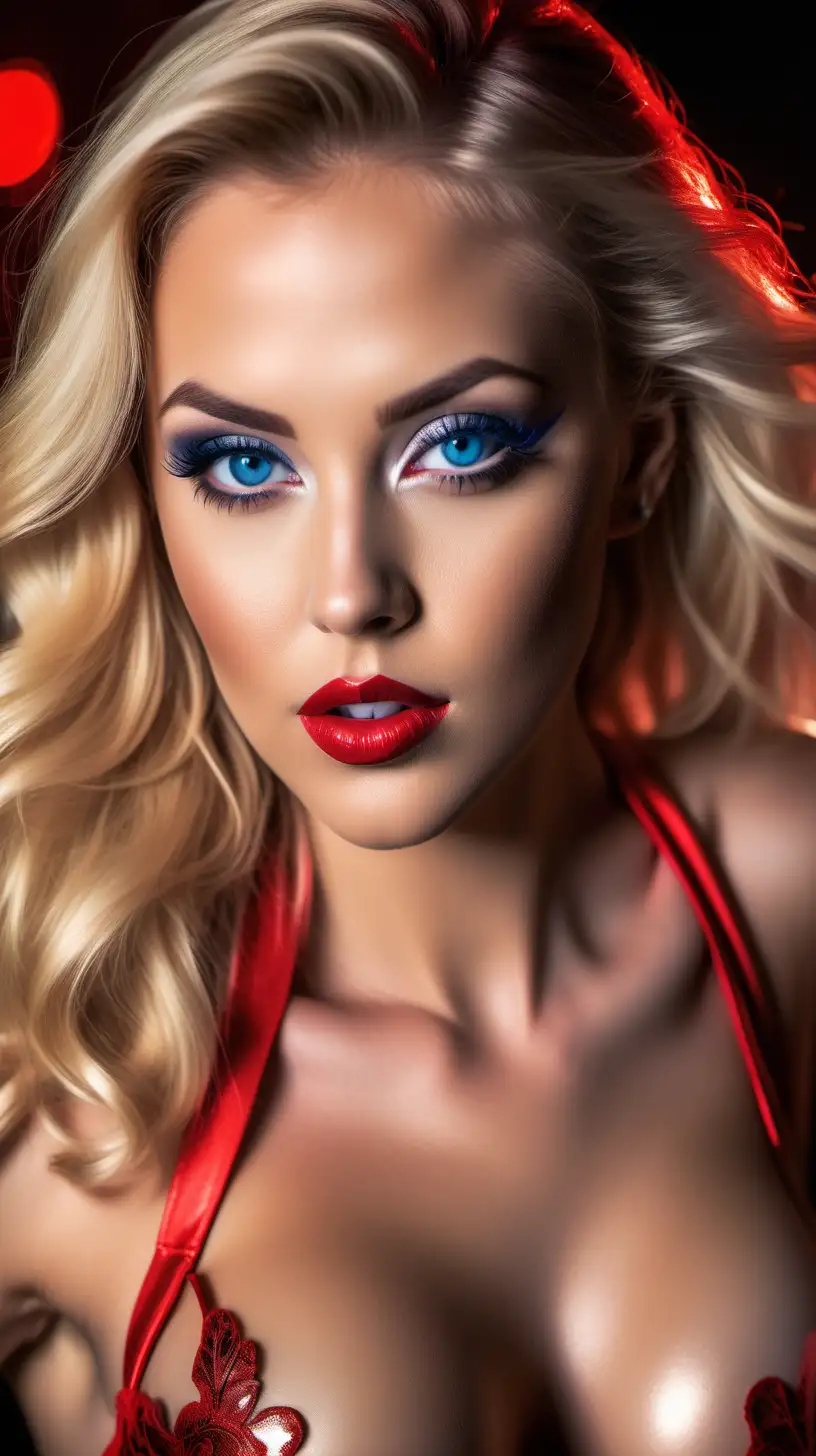 closeup, beautiful woman, heavy professionally applied makeup, dramatic blue eye makeup, bold lipstick, large cleavage, detailed red see through lingerie, chrome high heels, modern jewelry, profound details, backlit, skin smooth and flawless, High-resolution print, vibrant colors, deep contrast, crisp edges, dynamic lighting, ambiance, lustrous long blonde hair, bokeh background, sultry pose, sensual mood, professional photography, excellent quality 16k.
