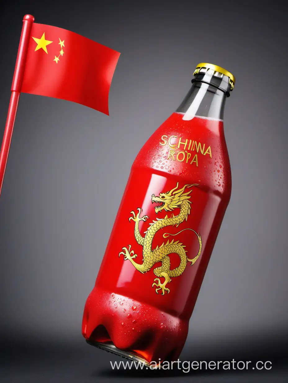 Нарисуй пластиковую бутылку под газированный напиток красного цвета с флагом Китая и золотым драконом, а также с надписью Schrödinger