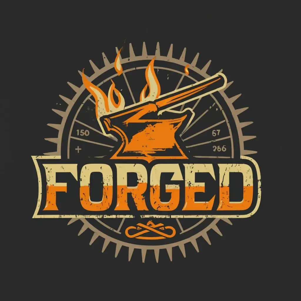 logo, blacksmith with flaming hammer and anvil, with the text "FORGED", typography