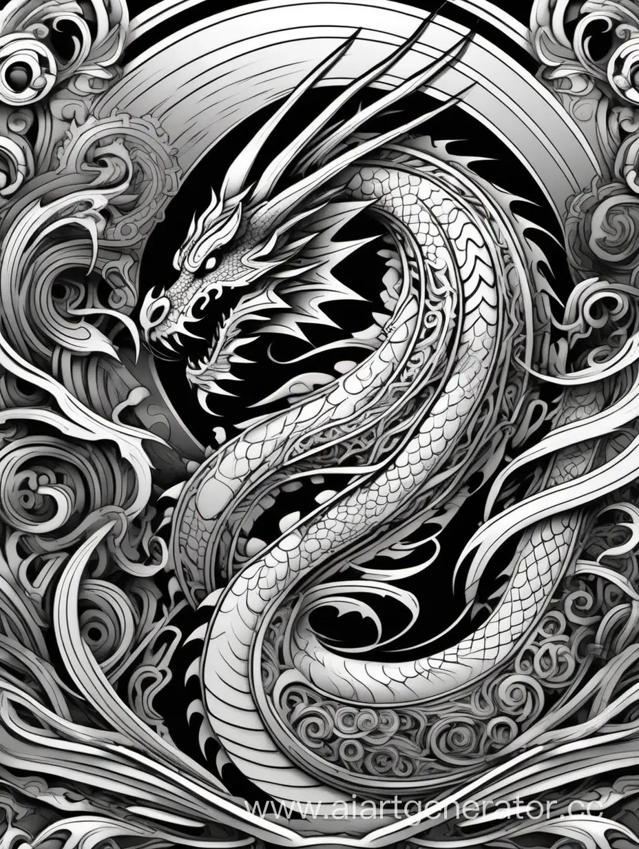 black and white linear art of a dragon