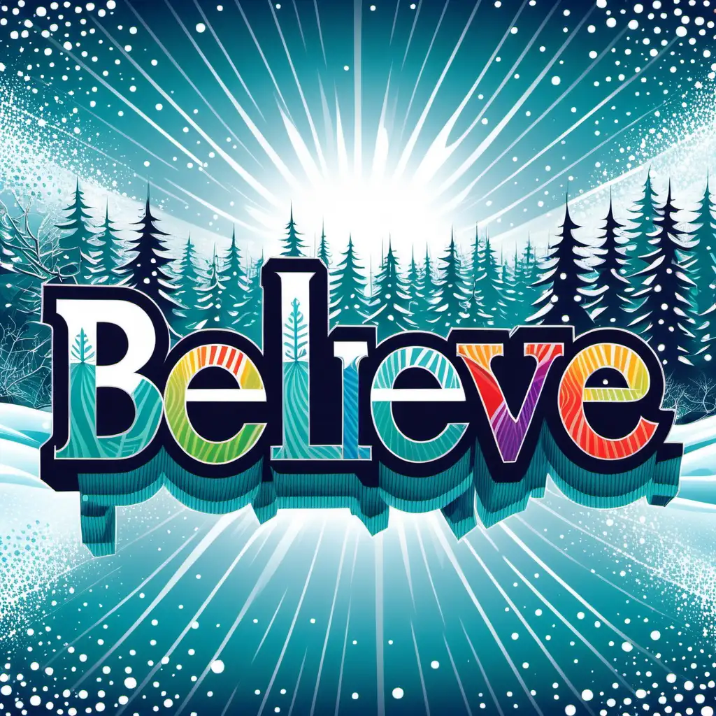 A vibrant design showcasing the words "Believe" against a background of cold, winter colors. --v 5
