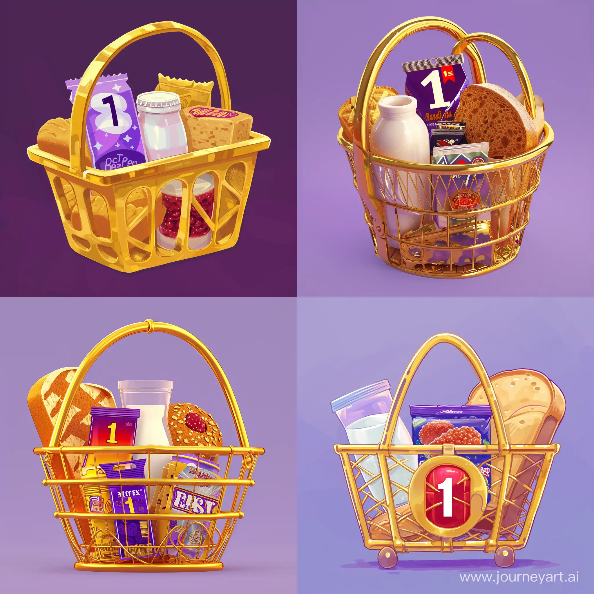 Golden-Shopping-Basket-with-Milk-Jam-Bread-and-Soda-Number-One-Purple-Theme-Banner