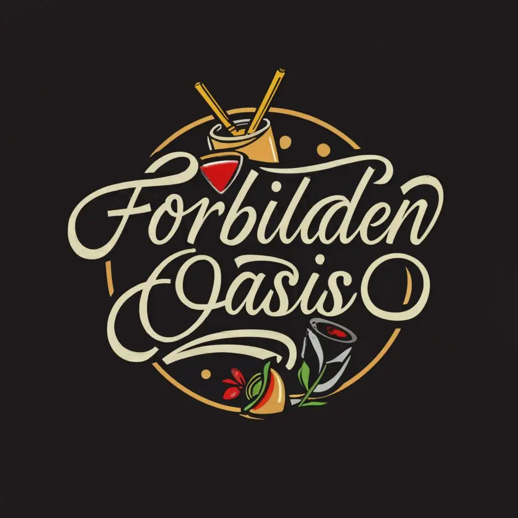 a logo design,with the text "Forbidden Oasis", main symbol:Drink in the background,complex,clear background