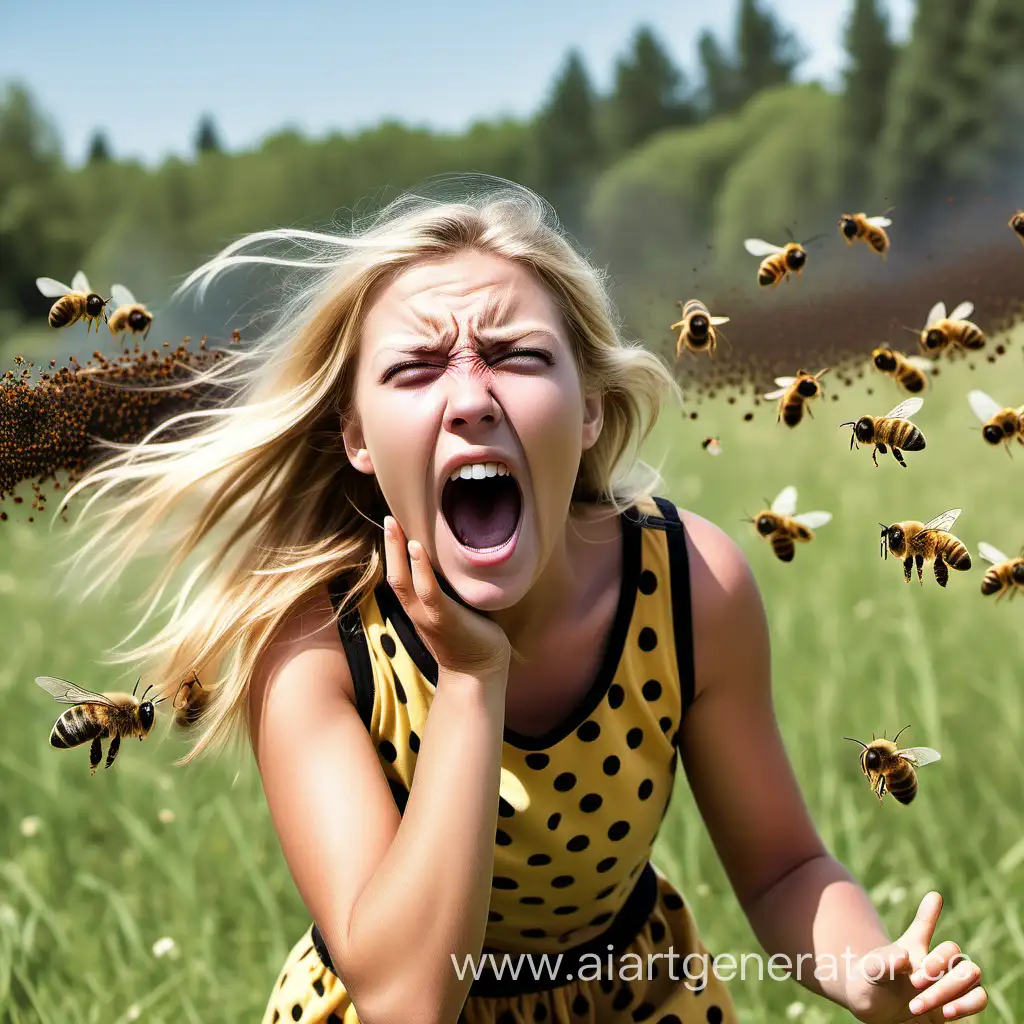 Blonde-Girl-Screaming-in-Pasture-Stung-by-Large-Bees