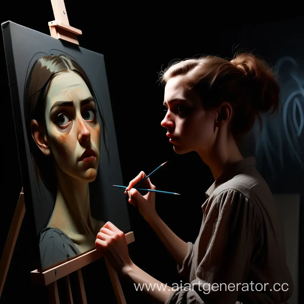The woman in front of the canvas in a dark room is drawing her self-portrait.