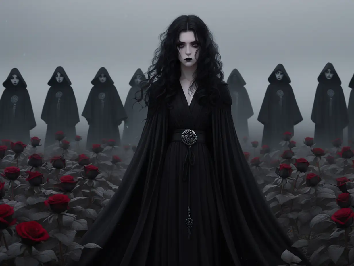 Black haired woman in black robes. goth, female, pale skin, long curly black hair, jedi, black makeup, streaking mascara, black jedi robes, black roses in her hair, saddened, standing in a foggy field of black roses, fantasy, Anime. Grey eyes. Surrounded by a cult in black robes