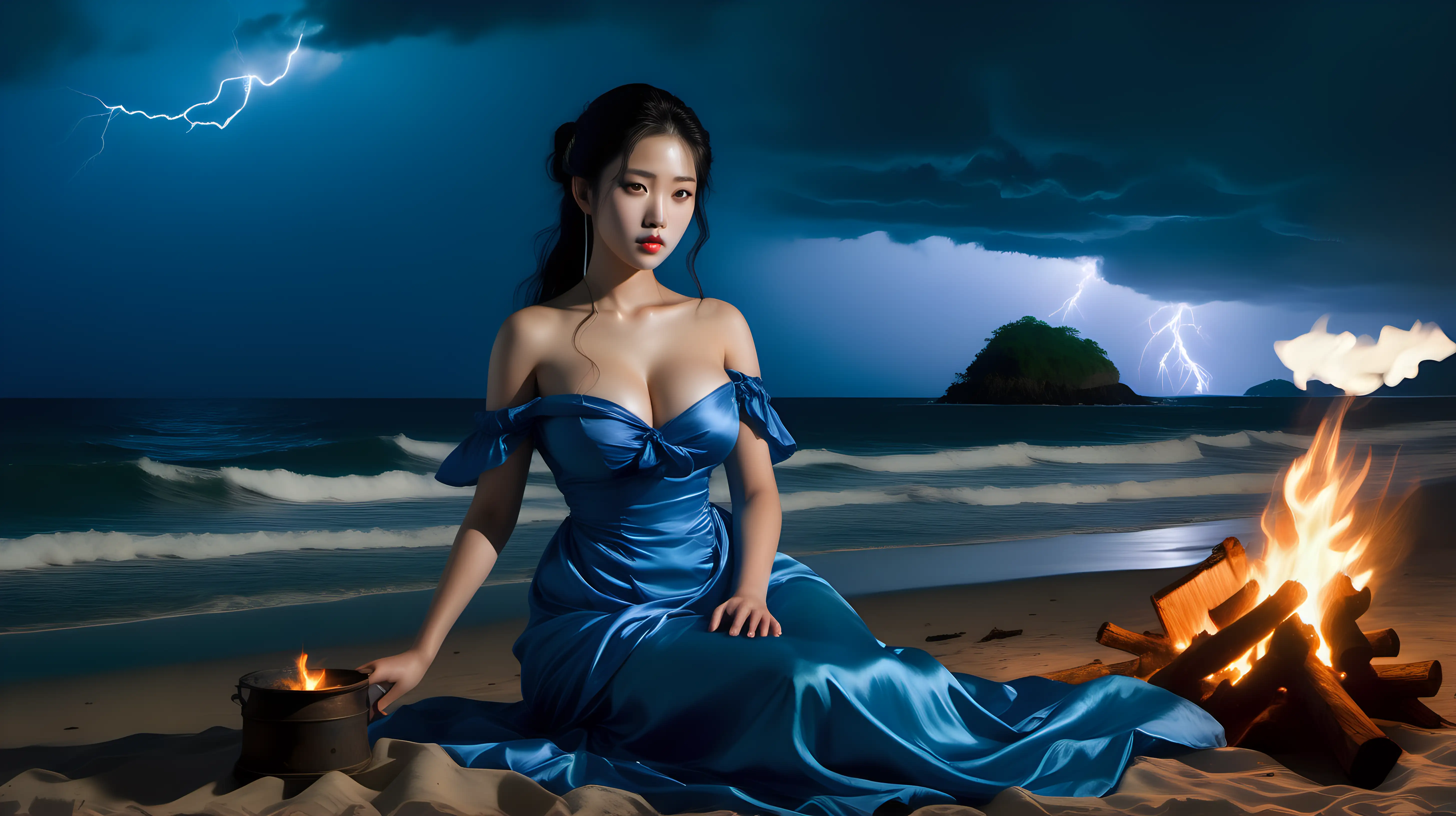 A tropical island beach. The water is blue. There are big waves. There is a small camp fire in the distance. A young korean beauty sitting alone beside the camp fire. She has full breasts. She is wearing a blue silk dress. The time is at dusk. There is a 18th century shipwreck in the distance. It is raining. Lightning in the cloud.