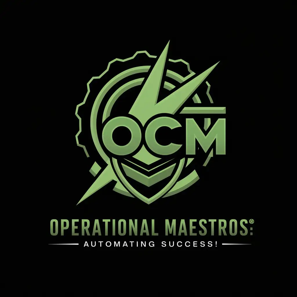 Logo Concept: The logo could be a stylized gear (symbolizing automation and operations) interlocked with a lightning bolt (representing speed and efficiency) and a shield (representing the protection and value delivered to the customer). The initials "OCM" wll be incorporated into the design, within the gear or the shield. Put below the logo the sentence: "Operational Maestros: Automating Success!" Make the logo with a maximun of three colors. Black or white background. Green logo.