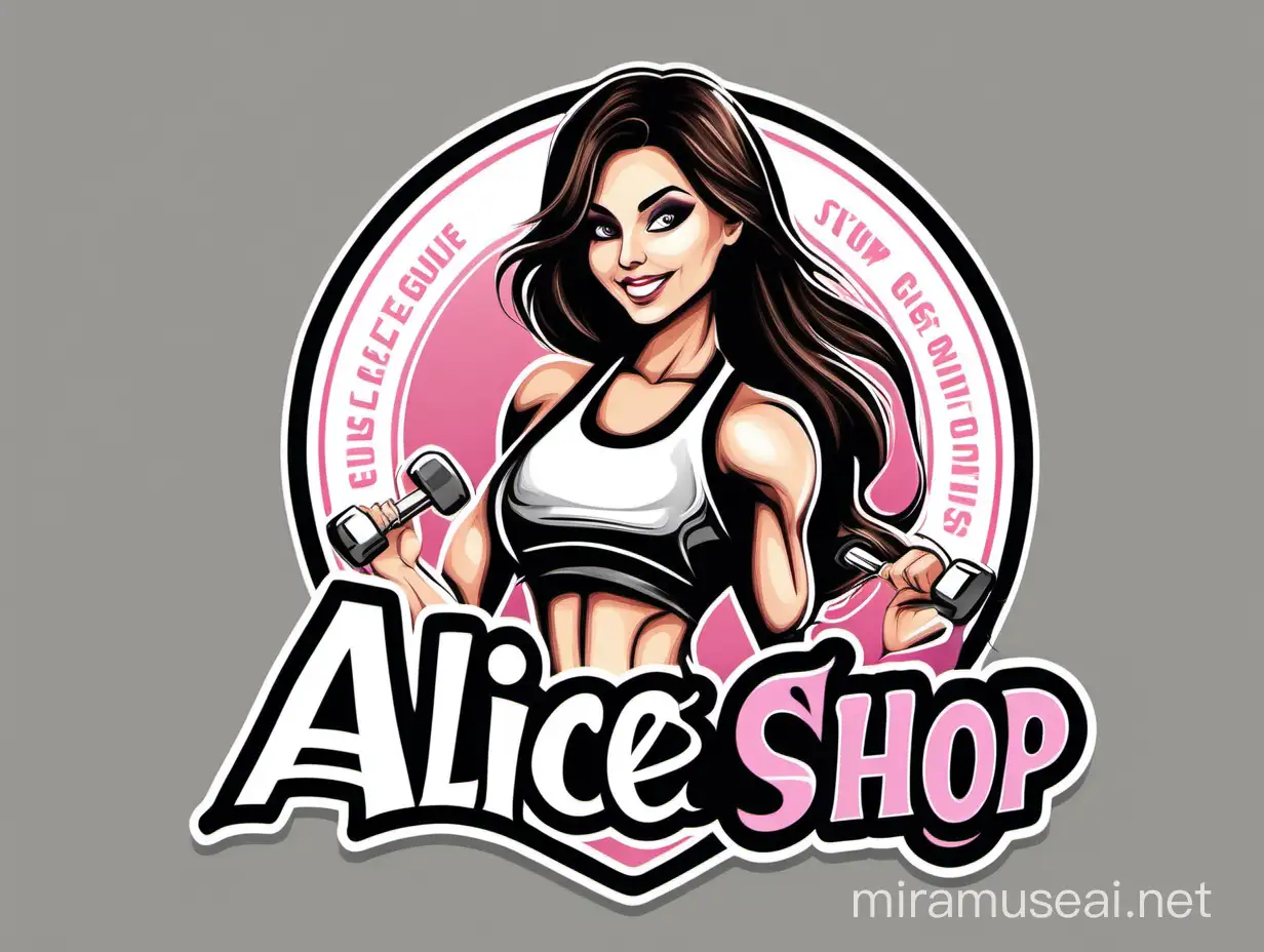 Crea un logo de ropa de gym con el nombre   Alice's Shop y una chica morena