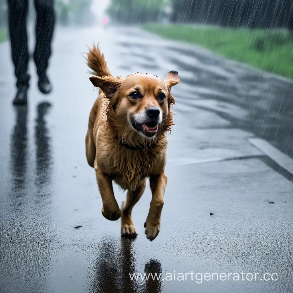 Грустная собака убегает, погода:дождь