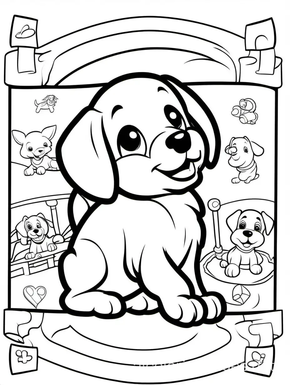 puppy playing game. white background, Coloring Page, black and white, line art, white background, Simplicity, Ample White Space. The background of the coloring page is plain white to make it easy for young children to color within the lines. The outlines of all the subjects are easy to distinguish, making it simple for kids to color without too much difficulty