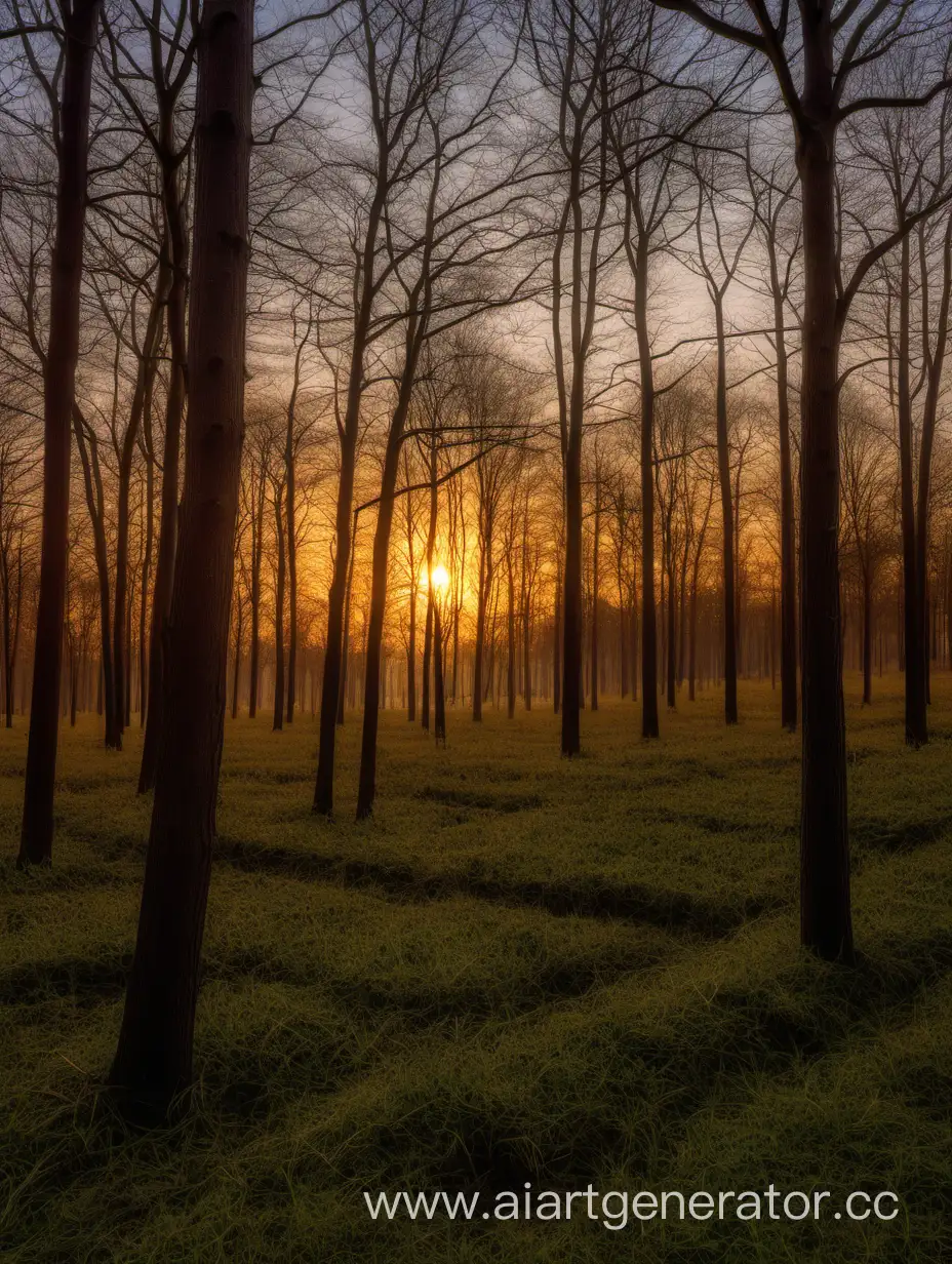 Небольшая полянка окружонная деревьями на рассвете или закате