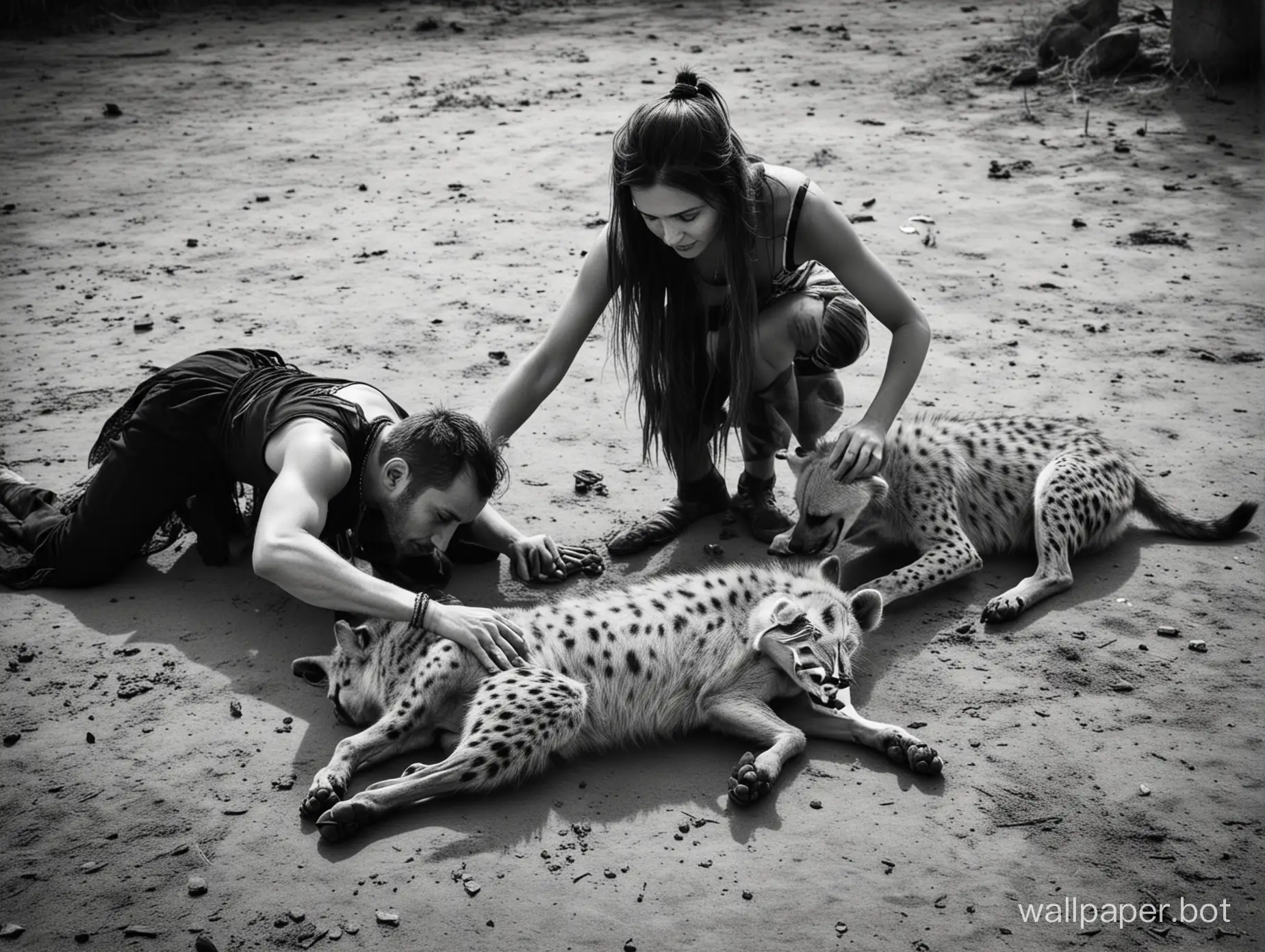 man lays woman , sacrifice of a woman, girl doing satanic ritual , doing ritual in,black and white photography, high contrast photography, sharp super contrast, there is a hyena nearby