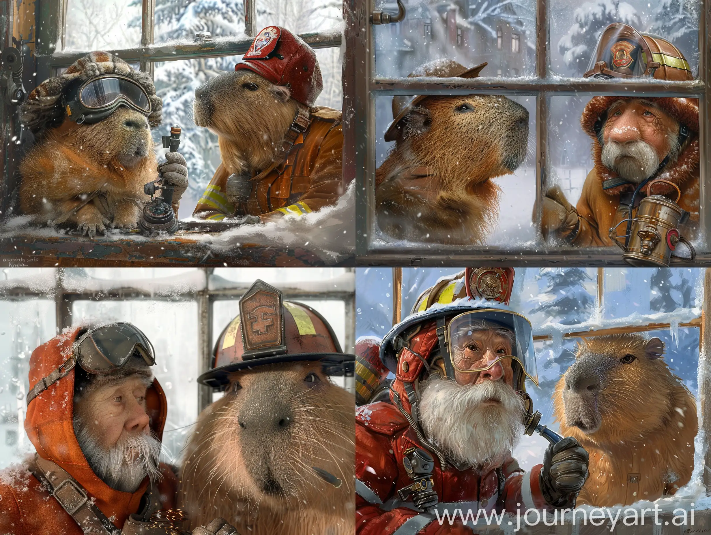 Winter-Scene-Elderly-Man-and-Pilot-in-Unique-Headgear