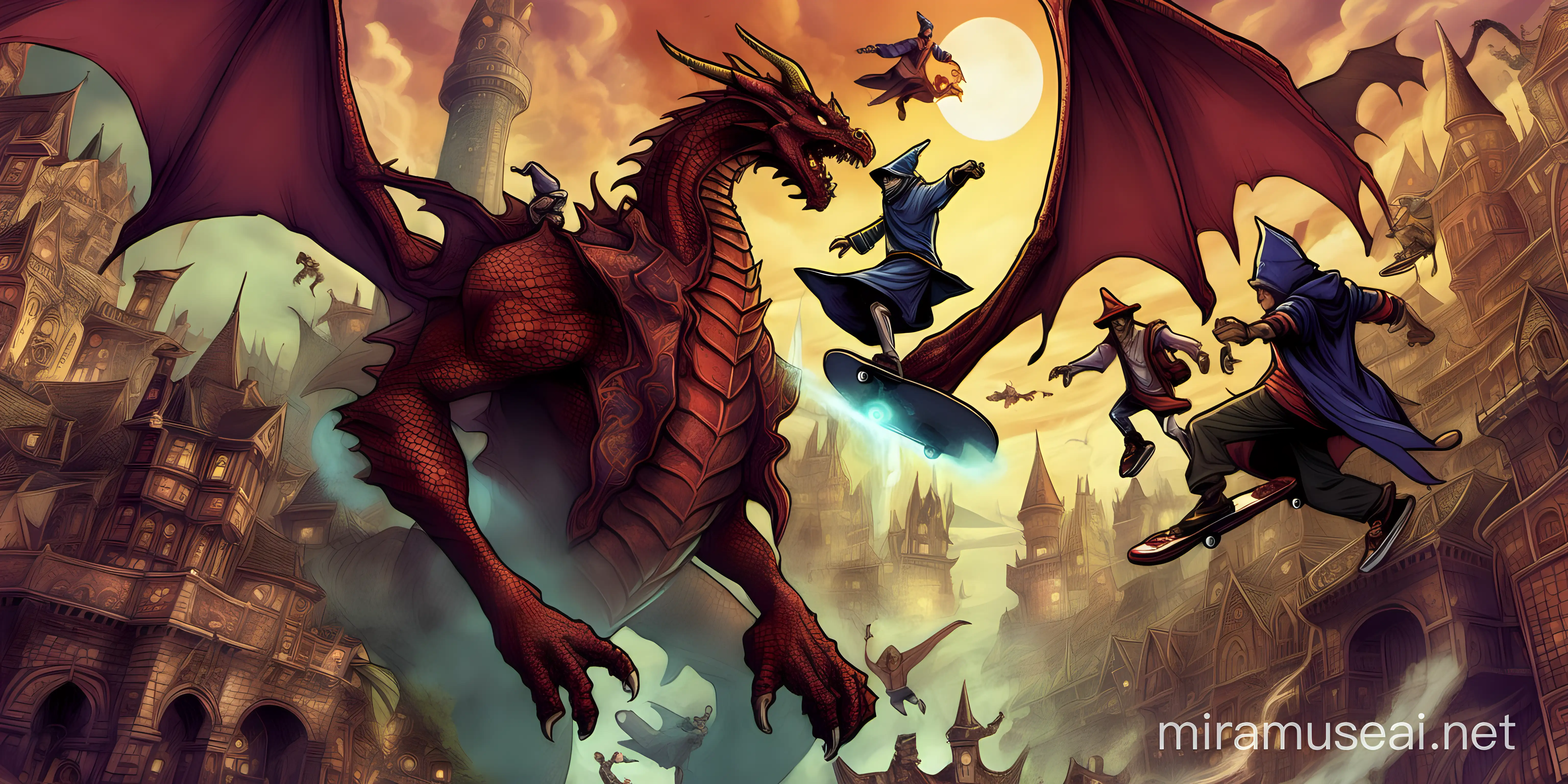 Steam Capsule Banner Art, Wizards in a fantasy world skateboarding towards the villain's kingdom, Evil Dragon King watches over them 