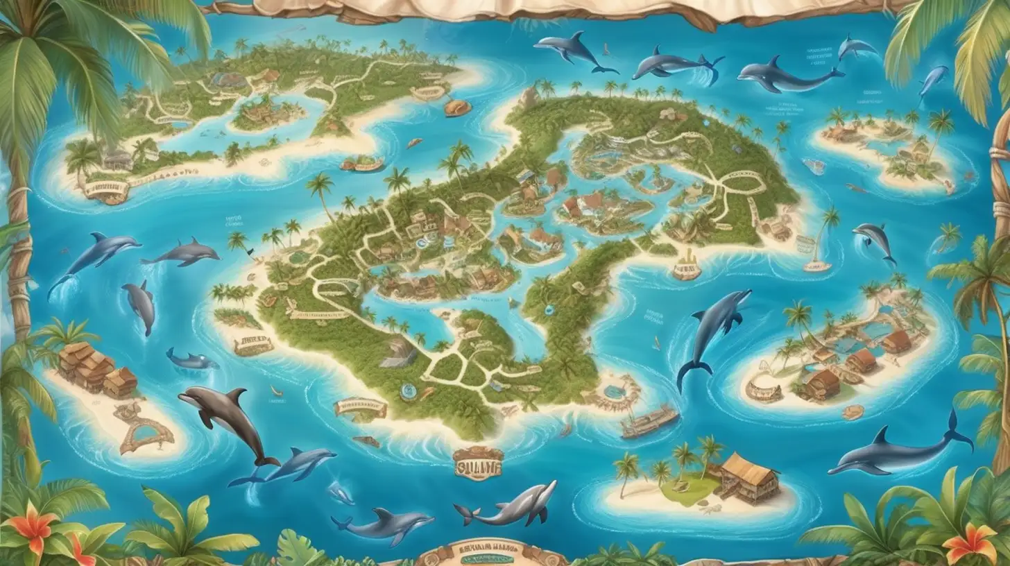 Carte de jeu de société 
Archipel tropical 
caraïbes 
vue du dessus 
Quelque habitation 
style maps monde 
pas de bateaux 
quelques dauphin ou baleine 
