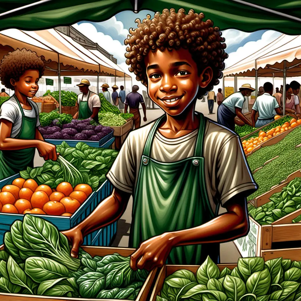 cartoon ernie barnes style african american 10 year old boy with curly hair picking up spinach at the farmer's market 