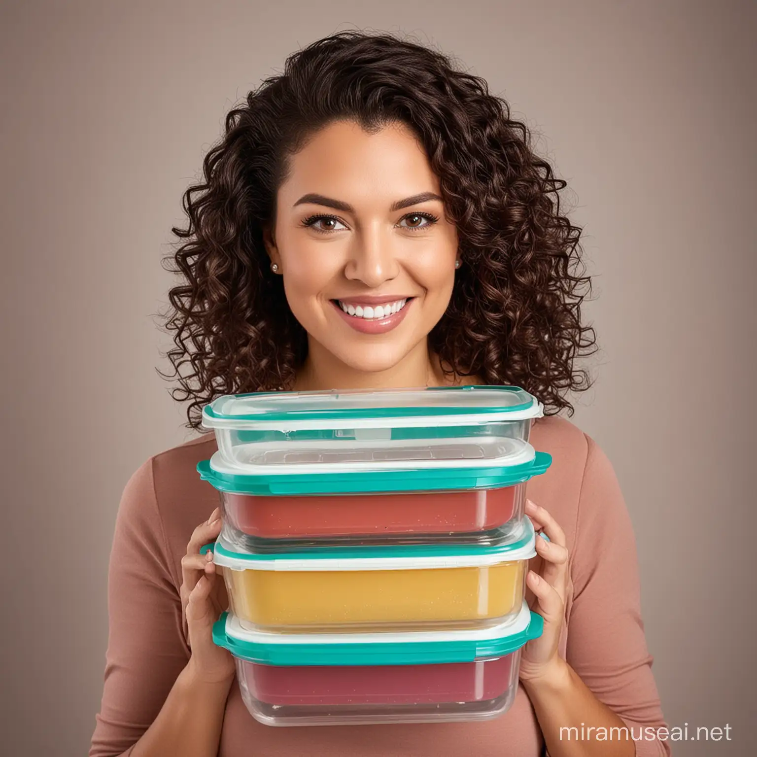 Faça uma foto de perfil com uma mulher segurando seus produtos da Tupperware 