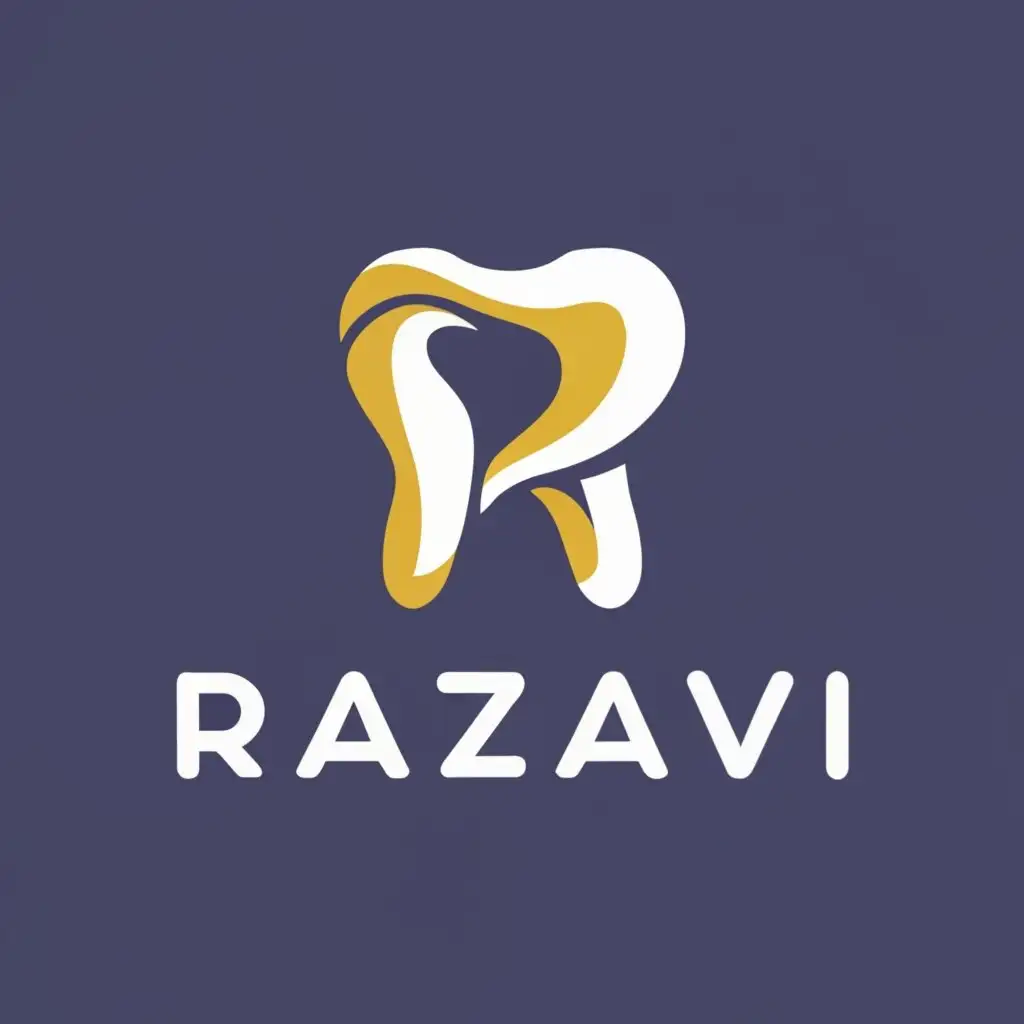 logo, The letter R is transformed into a tooth, golden lines, with the text "Razavi", typography, be used in Medical Dental industry