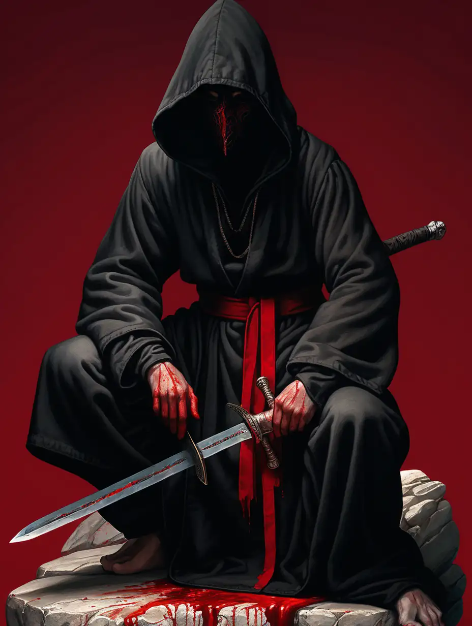 Human holding sword with two hands, sitting on stone, wearing all black hooded robe, mask on, bloody, Renaissance, red background