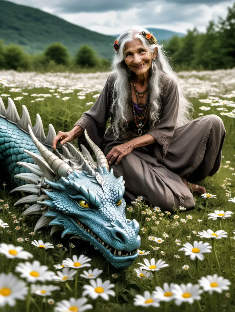  a magnificent dragon lying peacefully in a field of daisies. an old gypsy woman with long gray hair and a boho style approaching the dragon as well. She approaches the dragon with a smile, and it seems as though they know each other well. The dragon allows her to climb onto its back, and she settles in comfortably. 