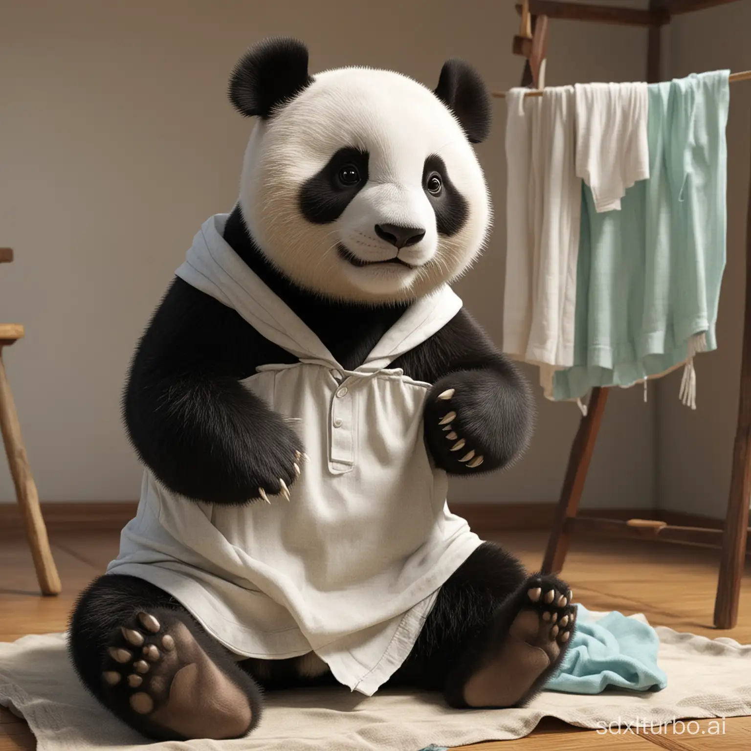 The lovable giant panda is cleaning the clothes, with high definition and realistic, cute look, not in the form of anime, presenting a true and clean setting