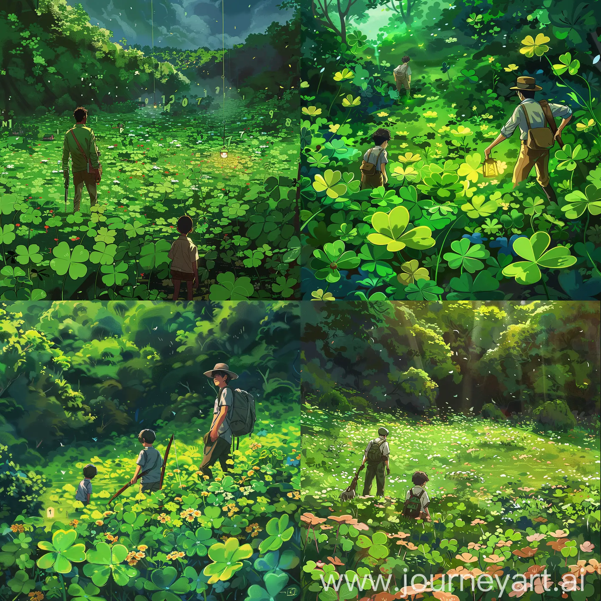 Fantastic exploration world , clover flower fields, japan 1 biologist man, boy 2, hunting, forest, clover flowers flat fields, ((clover flowers lamp light on the numbers tag)), humor, and sense of adventure of the characters on a quest in a vibrant and colorful fantasy setting. The image should have a whimsical, adventurous vibe with vibrant colors, dynamic character designs, and a sense of humor throughout. webtoon style, illustration
