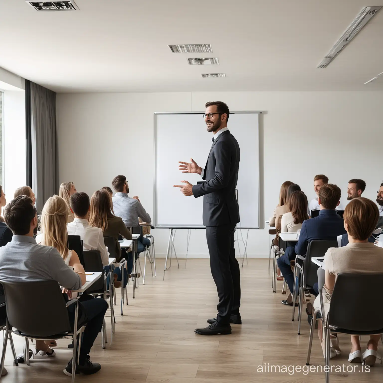 Businessman-Leading-Presentation-to-Audience-in-Conference-Room