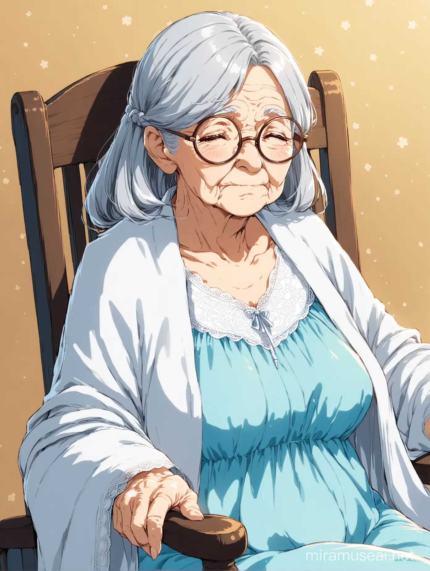 Elderly Anime Woman Relaxing on Rocking Chair in Light Blue Nightgown
