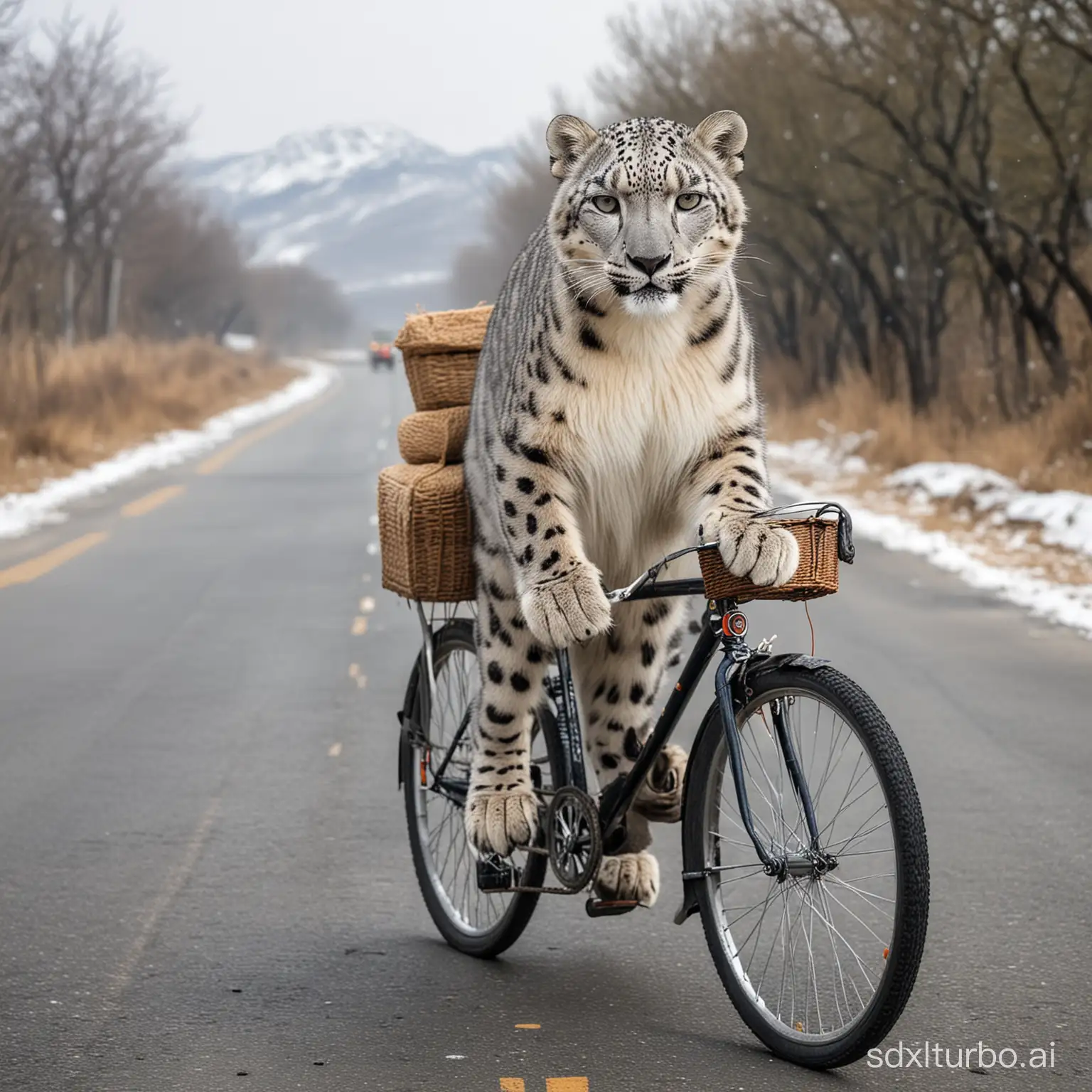 The snow leopard rides a bicycle on the road.